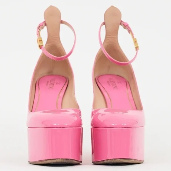 Valentino Tan-Go VLogo Pink Patent Leather Platform Block Heel Pumps - Picture 3 of 8